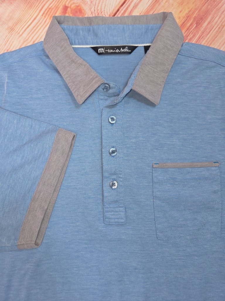Travis Mathew Mens Blue Polo Size Large Gray Contrast Trim